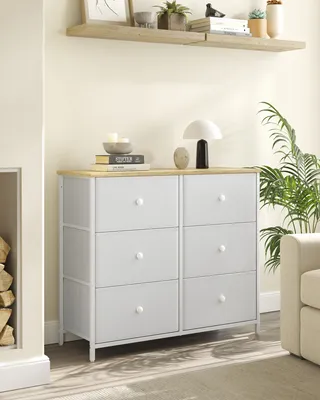 Produktbild von Songmics Kommode 6 Schubladen, Holzspanplatte Stahl Vliesstoff, Weiß-Eichenfarben, Industriestil, 0.71 x 0.8 x 0.3 m, Kippschutz, kinderfreundlich, einfacher Aufbau