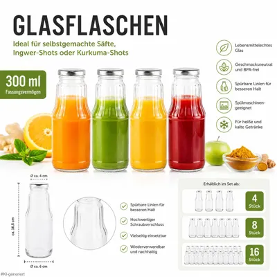 Produktbild von 16 Stück Glasflaschen 300 ml mit Schraubverschluss - für Shots, Smoothies & Säfte – Wiederverwendbar