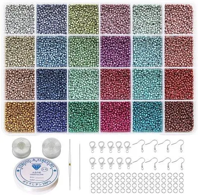 Image de Lot de perles de 2 mm, 24 couleurs, 14 400 pièces, mini-perles, assortiment pour bracelets