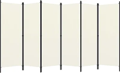 A room divider made of fabric panels and black metal frames.