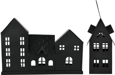 Produktbild von Marrakesch 2er Set Teelichthalter Häuserzeile schwarz 40cm Breit | Handgefertigte Metall Lichthäuser im Scandi Design | Weihnachtsdeko & Wohnaccessoire | Kerzenhalter für Teelichter als Geschenkidee