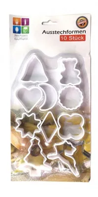 Produktbild von 10er Set Ausstechformen Weihnachtskekse Plätzchen Kekse Ausstecher Kunststoff  je ca. 5-8 cm, u.a. Herz, Glocke, Bär, Mond, Tannenbaum, Elch