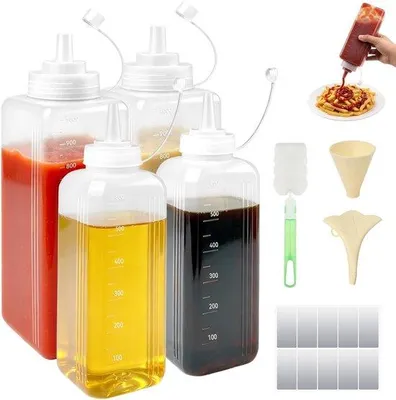 Productafbeelding van Knijpflessen Set van 4 - 2x 1000 ml/2x 600 ml - Lekvrij - Met maatschaal/etiketten - Inclusief borstels/trechter - Herbruikbaar - Squeeze Fles