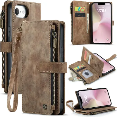 Immagine prodotto di Custodia in pelle per iPhone 16e, custodia in Finto cuoio con cerniera, chiusura magnetica, tasca per carte, supporto, custodia a portafoglio marrone