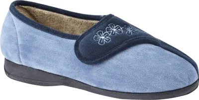 A single blue slipper is shown against a white background.