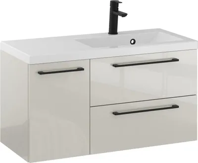 Produktbild von FURNI Waschtischunterschrank RON 90 D P cm - Kaschmir - Hängender Badschrank mit Mineralguss - Waschbecken - Griffe Schwarz matt - Vormontiert