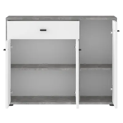 Produktbild von Kommode VIKA Betonoptik/weiß - schmale Flurkommode mit Schublade und 3 Türen, ideal für schmale Räume Kommode mit Stauraum schwarze Griffe