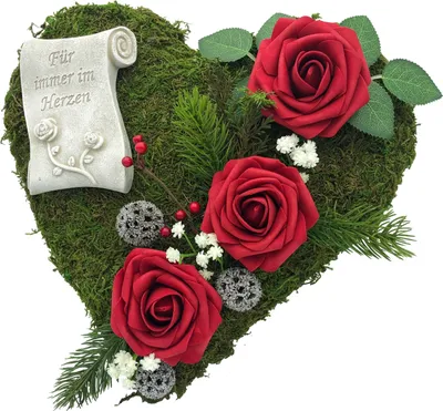 Produktbild von Grabgesteck Grabschmuck Moosherz Grabherz Trauerherz  Gesteck - Für immer im Herzen - 30cm 3 Rosen rot