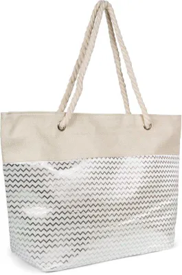 Produktbild von Große Damen Schultertasche XXL Strandtasche Beige-Silber Metallic