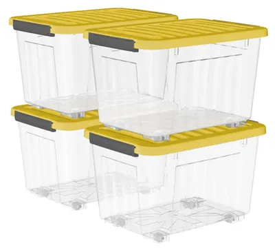 Obrázok produktu pre Plastové úložné boxy, objem 80 litrov, 4 kusy, s kolieskami, stohovateľné, vhodné do domácnosti
