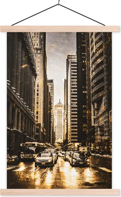 Produktbild von MuchoWow® Textilposter Auto - Gold - Straßen 120x180 cm mit holzfarbenen Rahmen - Textil-Plakat
