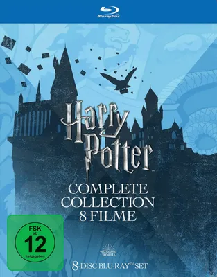 The image shows the Blu-ray packaging for the Harry Potter Complete Collection, featuring Hogwarts Castle and a bird in flight.
