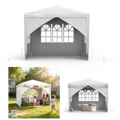 A collage of images showing a white gazebo/tent, one in a studio setting and two in outdoor settings, one set up for a children's party and another for a small gathering with a table and chairs.