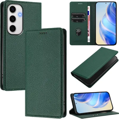 Produktbild von Litchi Leder Handyhülle für Samsung Galaxy S24 FE Wallet Kartenfächer Standfunktion Hülle Grün