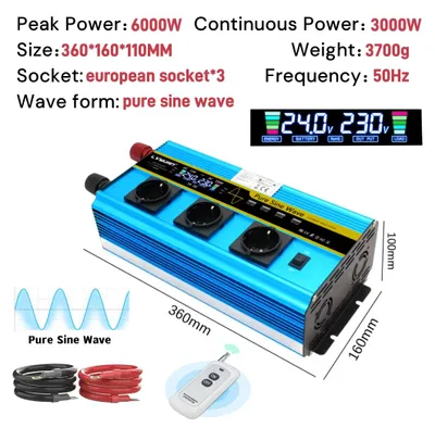 Obrázek produktu pro Měnič napětí pro solární panely – čistý sinusový měnič 6000W – 24V na 220V – LCD displej – 50Hz – zásuvka typu EU