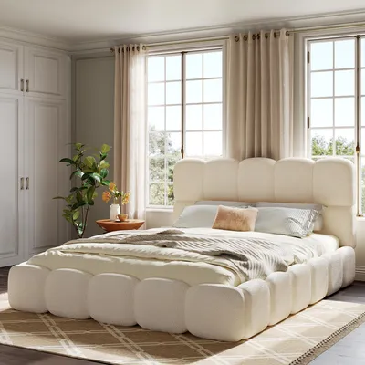 Produktbild von Flieks Polsterbett 160x200cm mit gepolstertem Kopfteil, Jugendbett Doppelbett mit Lattenrost, Klassisches Bett Holzbett Bouclé, Weiß