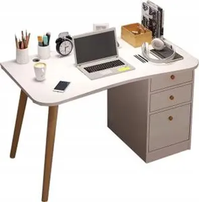 Image de Un bureau moderne et élégant pour la maison et le bureau – Une table de travail pratique avec des tiroirs et des étagères blancs intégrés