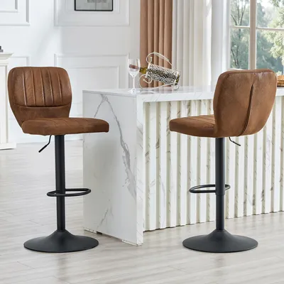 Imagen del producto de Juego de 2 taburetes, con altura ajustable de 62 a 83 cm, giratorios 360°, con respaldo y reposapiés (color marrón y )
