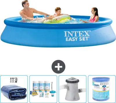 Produktbild von Intex runder aufblasbarer Easy Set-Pool – 305 x 61 cm – Blau – im Lieferumfang enthalten Sonnensegel - Wartungspaket - Filterpumpe für Schwimmbad - Filter