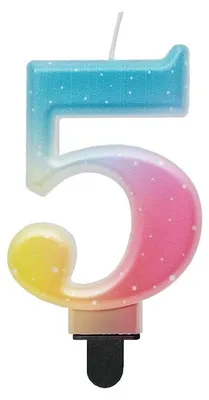 Produktbild von Geburtstagskerze für Kuchen und Torten, mit der Zahl 5, in Pastellfarben, 8 cm hoch