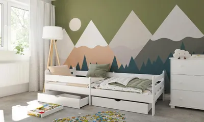 Produktbild von ZEE RIKO Kinderbett 90x200 cm Weiß 2 Schubladen & Rausfallschutz & Lattenrost Jugendbett Einzelbett Für Kinderzimmer MDF Modern