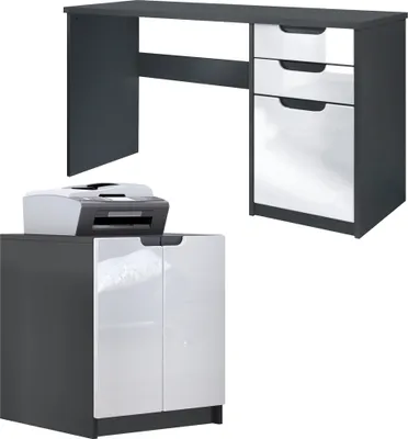 Produktbild von Vladon Büromöbel Homeoffice Set Paris,  Germany mit Druckerkommode und Schreibtisch, Schwarz matt / Weiß Hochglanz