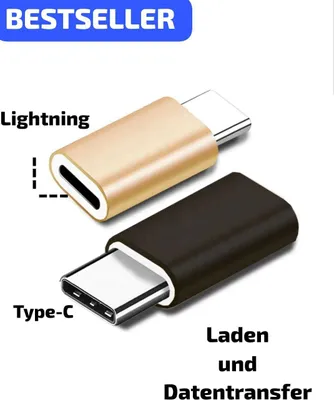 Two adapters are shown against a white background. One is gold and labeled 'Lightning', the other is black and labeled 'Type-C'. Text indicates 'Laden und Datentransfer'. A 'BESTSELLER' badge is at the top.