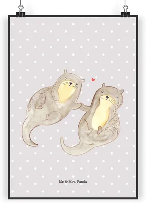 Produktbild von Mr. & Mrs. Panda Bild Otter Hände halten DIN A3 - Grau Pastell - Geschenk, Plakat, Seeotter, Kunstdruck, Wanddekoration, Paar, Romantisch, wanddeko, glücklich, drucke