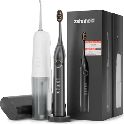 Produktbild von Zahnheld Set Schallzahnbürste und Munddusche, elektrische Zahnbürste, Zahndusche mit feinem Wasserstrahl, Zahnzwischenraumreiniger für Erwachsene