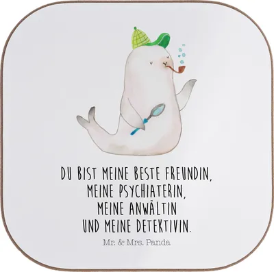 Produktbild von Mr. & Mrs. Panda Untersetzer Tasse Robbe Sherlock - Weiß - Geschenk, Lustige Sprüche, Holzuntersetzer, Tassenuntersetzer, Gläser, für, unterleger, gläseruntersetzer