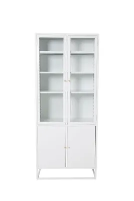 A white cabinet with glass doors and shelves, displayed against a white background.