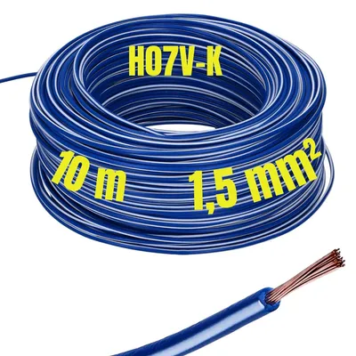 Imagen del producto de Cable Kalitec de 10 metros, sección 1,5 mm², color azul oscuro y blanco, tipo H07V-K. Cable de conexión flexible, con aislamiento de PVC. Cable de una sola hebra, cable trenzado, cable para instalaciones, cable de una sola hebra, cable sólido, cable para conexiones