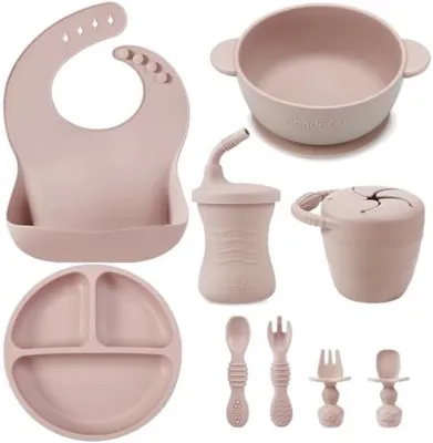 Produktbild von PolkaHome® Silikon Babygeschirrset, 9-teilig Kindergeschirrset, Baby-Teller mit Saugnapf, Kinderschale mit Saugnapf, Silikon Baby-Lätzchen