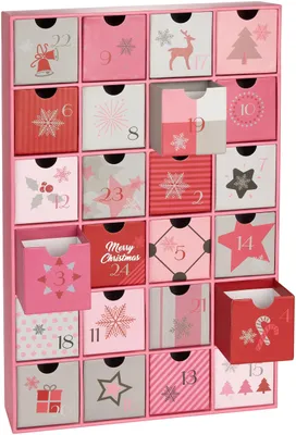 A pink advent calendar with 24 small drawers, each decorated with Christmas-themed designs and numbers.
