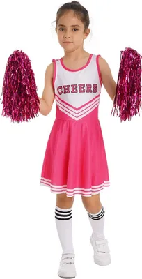 Produktbild von Kinder Mädchen Cheerleader Gr. 150 Cm Kostüm Komplettes Set Kleid mit Pompons Overknee Streifen Socken Faschingskostüm