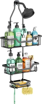 Produktbild von Duschablage mit 12 Haken – Hängeregal ohne Bohren, Rostfrei, mit Seifenkorb, Bad-Organizer für Rasierer & Handtücher, Schwarz/Silber