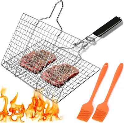 Imagen del producto de Cesta para asar de acero inoxidable, con 2 cepillos, portátil, ideal para barbacoas al aire libre
