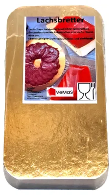 Produktbild von 50x Lachsbretter 116 x 270 mm gold/silber Lachs Trays zum einvakuumieren