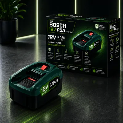 Image de Batterie PowerPlus 18 V 5,0 Ah compatible avec le système Bosch Home & Garden PBA, PSB et PSR – Batterie Li-Ion haute performance avec indicateur LED – Batterie de rechange pour Gloria, etc.