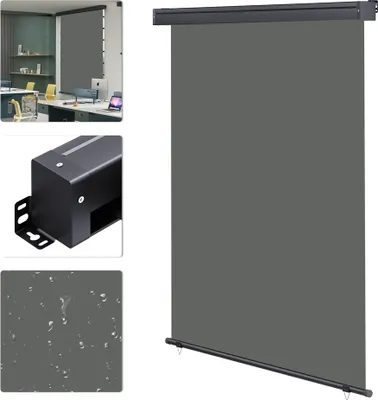 A collage of images showing a retractable vertical awning, its mounting bracket, and a close-up of its material.