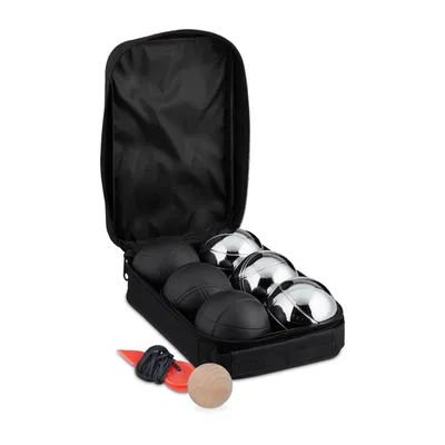 Image de Billes de pétanque Relaxdays, lot de 6 billes en métal avec bille de pointage et mesureur de distance, sac de transport, jeu de pétanque, noir/argent