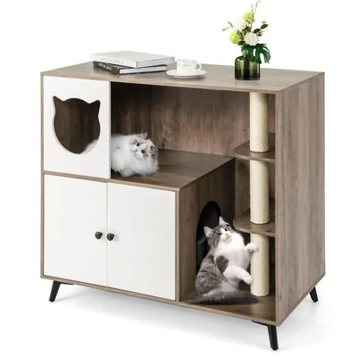 Zdjęcie produktu dla COSTWAY 100x51x91 cm szafka dla kota z 5 metalowymi nóżkami, drapak, wejście, jaskinia, kłoda sizalu i kuweta, szafka na domek dla kota, kuweta