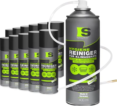 Produktbild von Spraytive 12x 400ml Hygiene Reiniger für Klimageräte - Klimaanlagenreiniger für Auto & Haus, Geruchsentferner Spray, mit Schlauch & Messingdüse