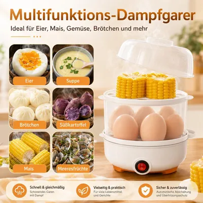 Imagen del producto de Hervidor de huevos eléctrico de dos niveles con función de cocción al vapor, 350 W, con enchufe para la Unión Europea