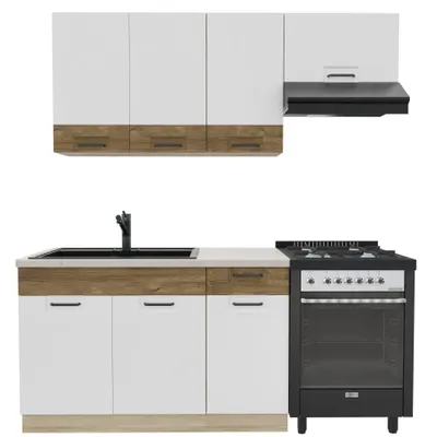 Productafbeelding van Keukenwand 180 cm - FAVORIT D - Werkblad van travertin - Wit hoogglans - Sonoma eikenhout - Eénpersoonskeuken zonder apparatuur - Metalen lades
