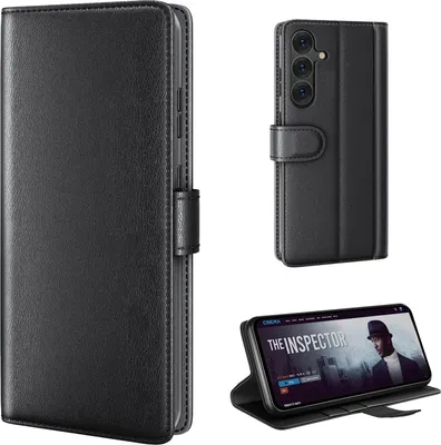 A collage of images showing a black leather flip phone case for a Samsung Galaxy S25, including a close-up of the case's texture and a shot of the phone inside the case, propped up to display its screen.