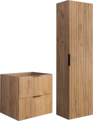 A bathroom cabinet set with a tall cabinet and a base cabinet with drawers, both made of wood with a ribbed texture.
