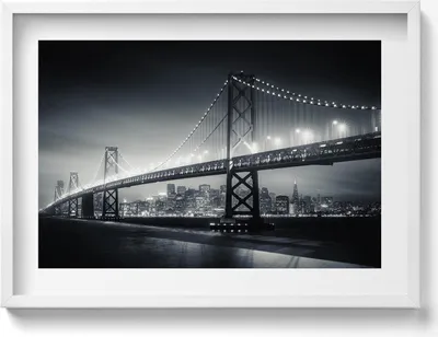 Produktbild von San Francisco Bridge bei Nacht– Wandbild mit Rahmen – Gerahmtes Bild  – Wanddekoration – 70x50 cm –  Schwarz Rahmen