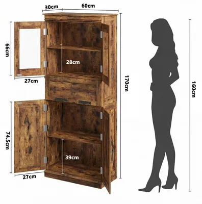 Obrázek produktu pro Skříňka do koupelny, výška 170 cm, se 4 dvířky, skleněnými dvířky, nastavitelnými policemi a zásuvkami, barva hnědá
