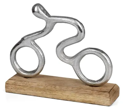 Produktbild von Moderne Dekofigur eines Fahrrads aus Aluminium auf einem Sockel aus Mangoholz, ca. 17,5 x 5 x 14,5 cm - Abstrakte Metallfigur für Fahrradfahrer und Radliebhaber - Silberfarben
